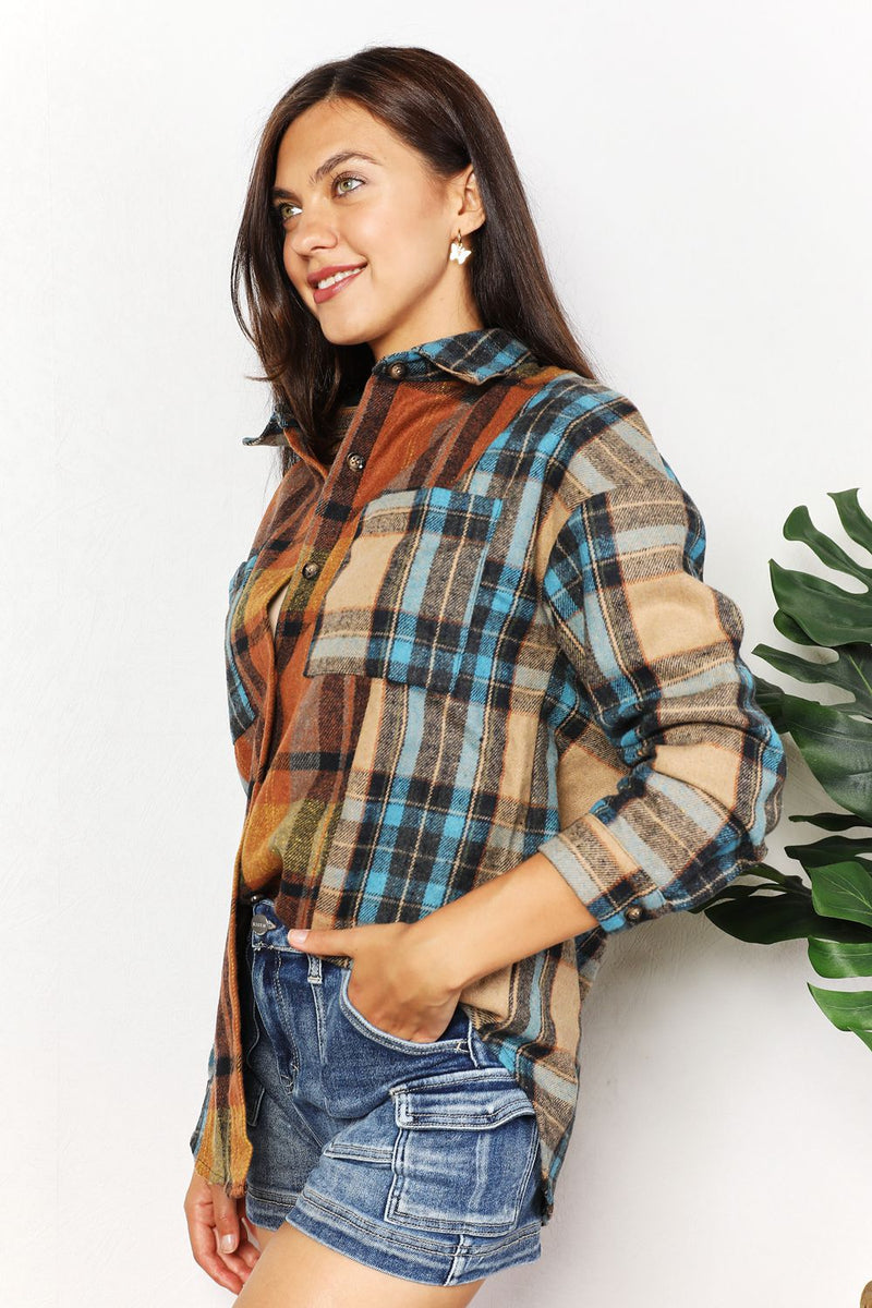 Jessie Plaid Curved Hem Shirt Jacket with Breast Pockets