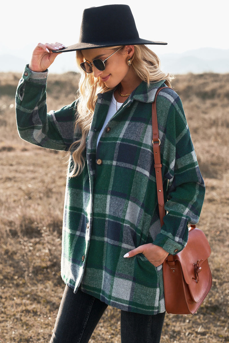 Plaid Dropped Shoulder Pocketed Shirt Jacket- 5 Colors