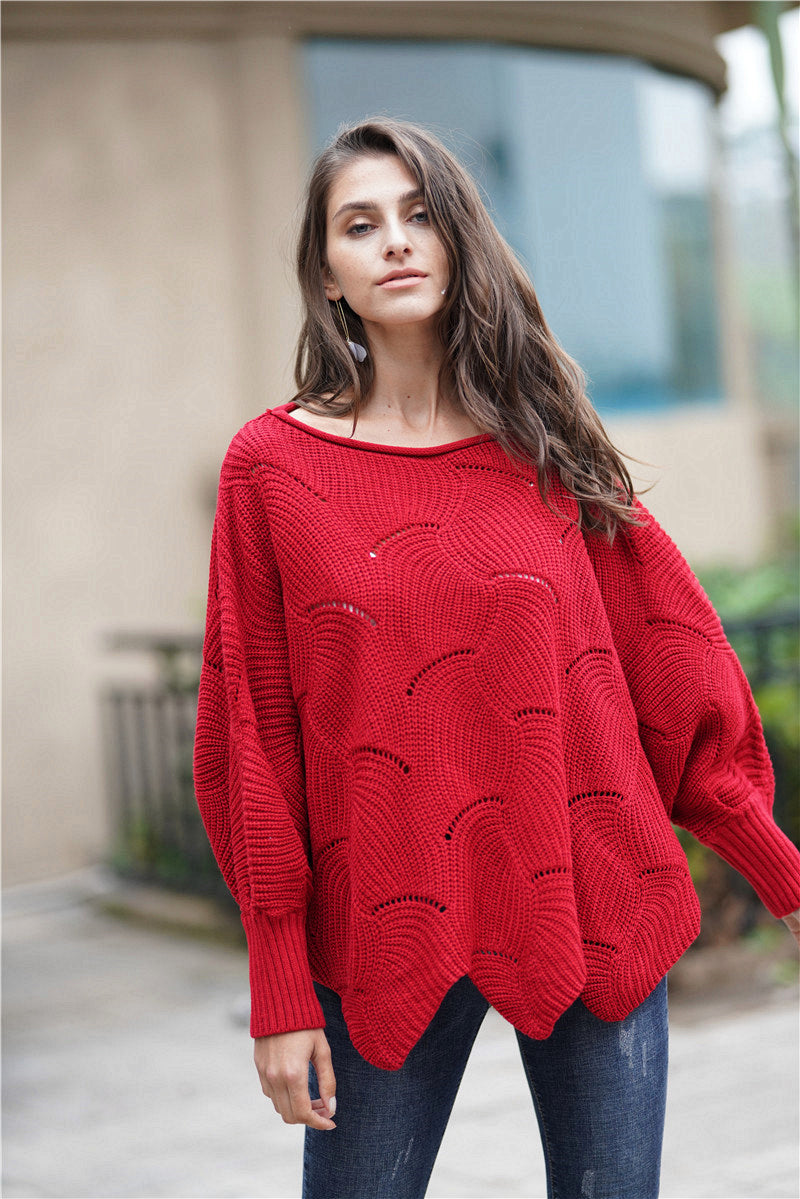 Openwork Boat Neck Sweater with Scalloped Hem- 12 Colors