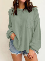 Melinda Waffle-Knit Lantern Sleeve Blouse