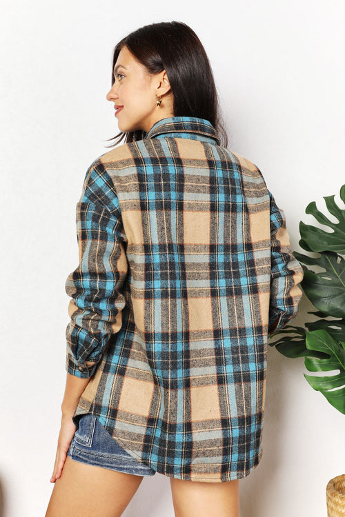 Jessie Plaid Curved Hem Shirt Jacket with Breast Pockets