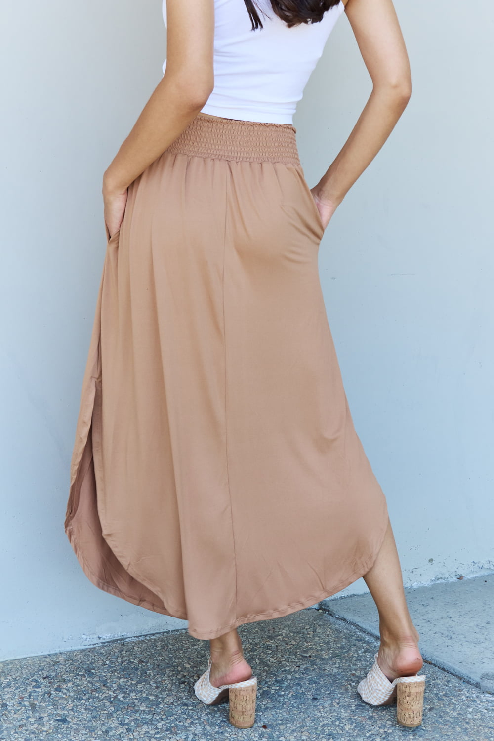 High Waist Scoop Hem Maxi Skirt in Tan