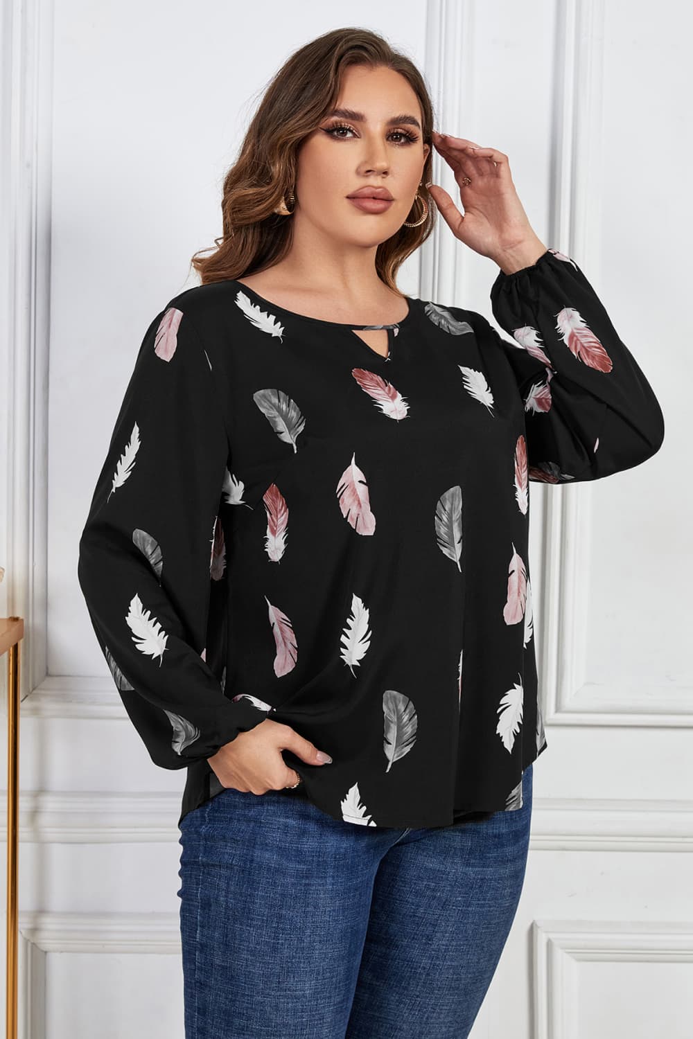 Plus Size Printed Long Sleeve Cutout Blouse