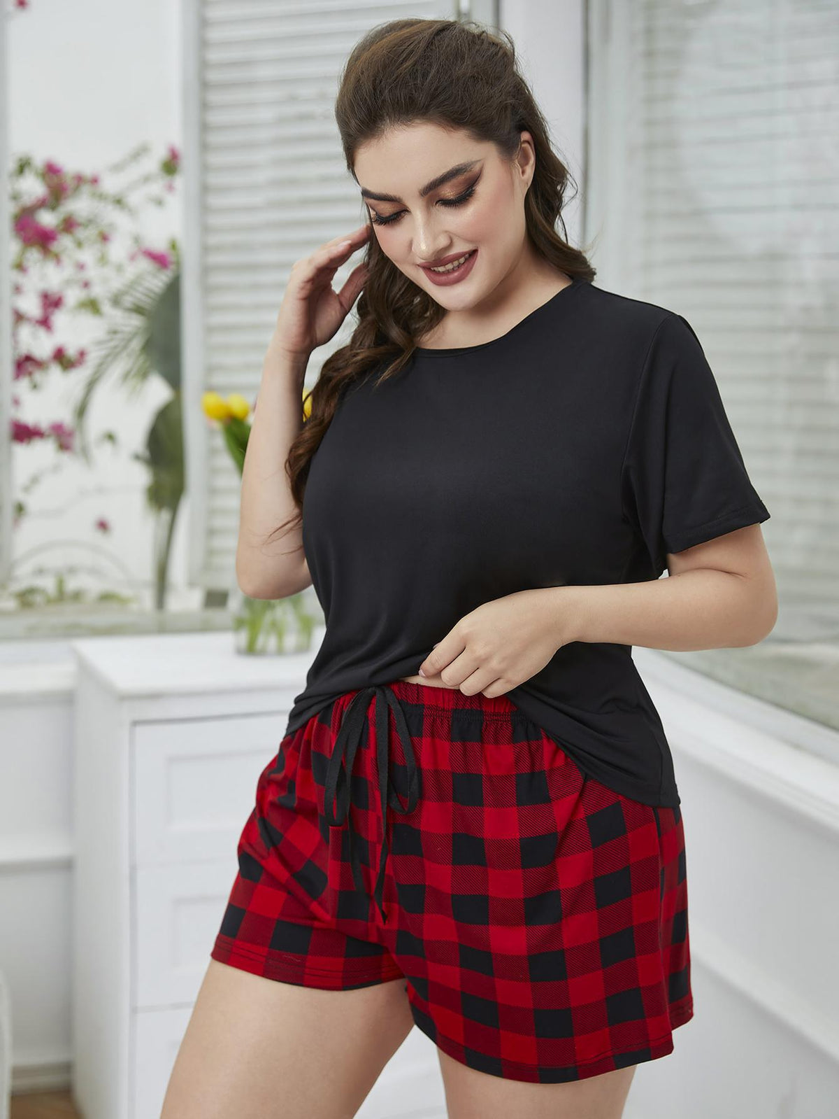 Plus Size Selena Tee Shirt and Plaid Shorts Lounge Set