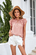 Tie Neck Ruffle Trim Blouse