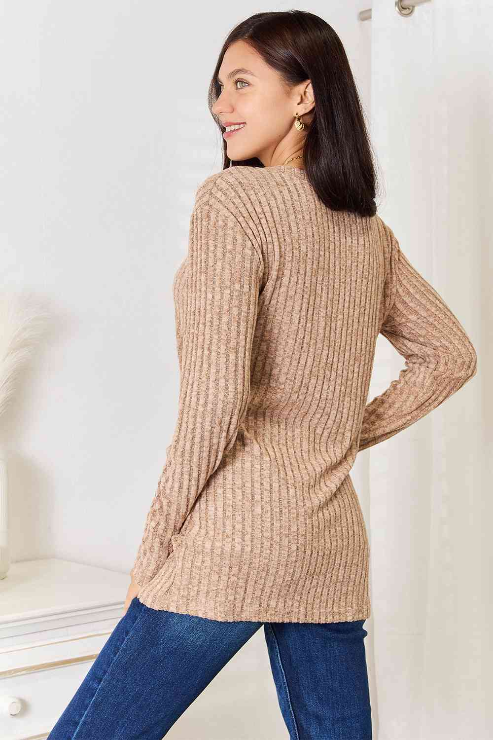 Natalia Notched Neck Ribbed Long Sleeve T-Shirt