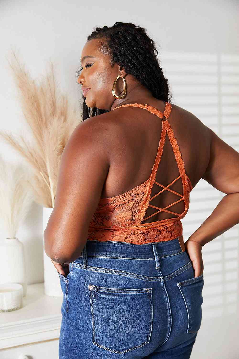 JadyK Crisscross Lace Bralette in Tangerine