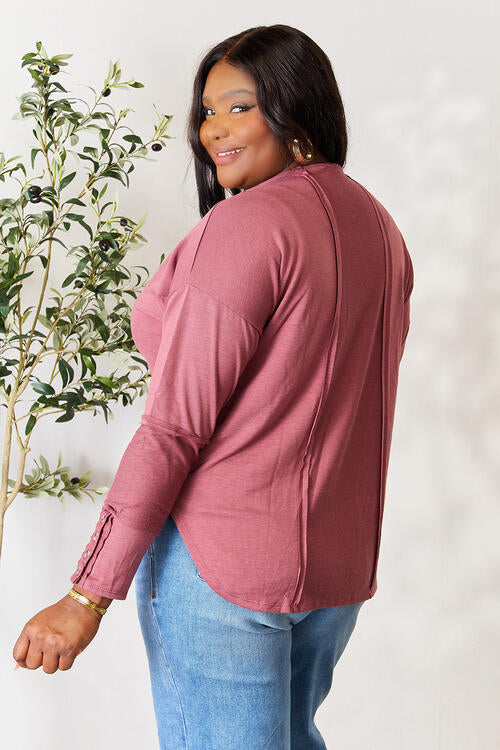 Camilla V-Neck Exposed Seam Long Sleeve Blouse