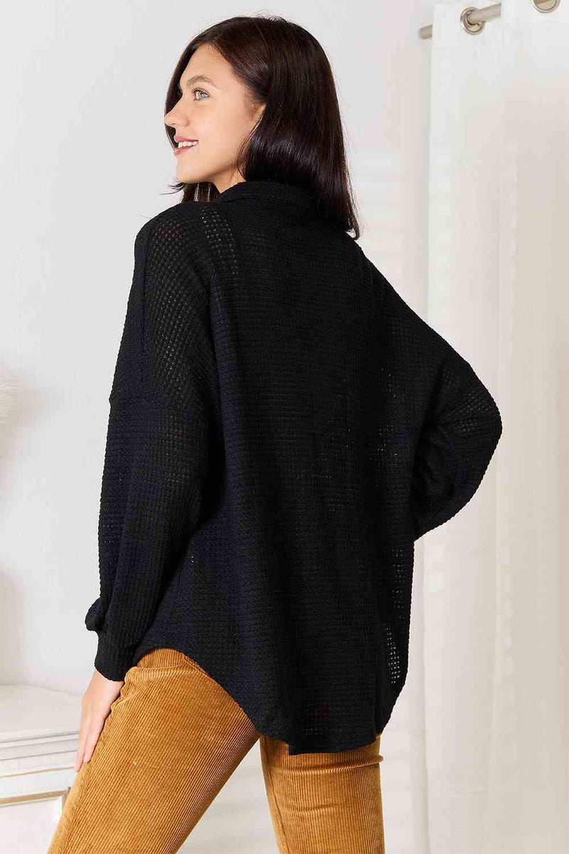 Veronica Waffle-Knit Collared Neck Dropped Shoulder Shirt