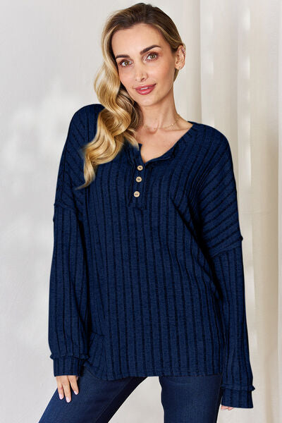 Lucy Ribbed Half Button Long Sleeve