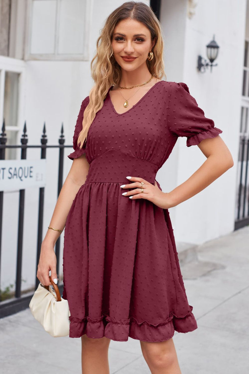 Swiss Dot Flounce Sleeve V-Neck Dress