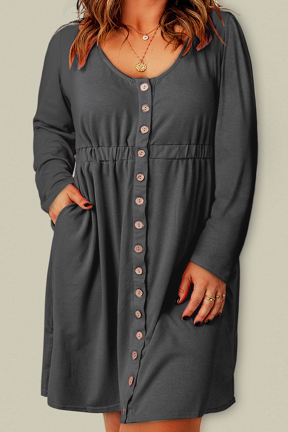 Plus Button Front Elastic Waist Long Sleeve Dress