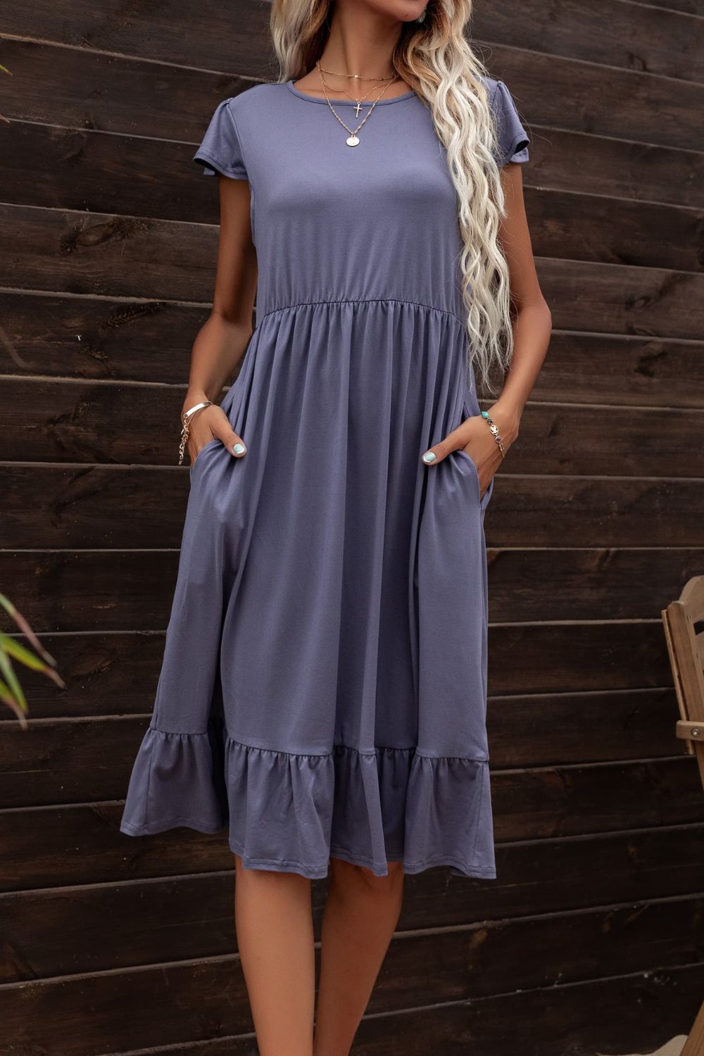 Round Neck Ruffle Hem Pocket Dress