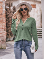 Buttoned Notched Neck Long Sleeve Top