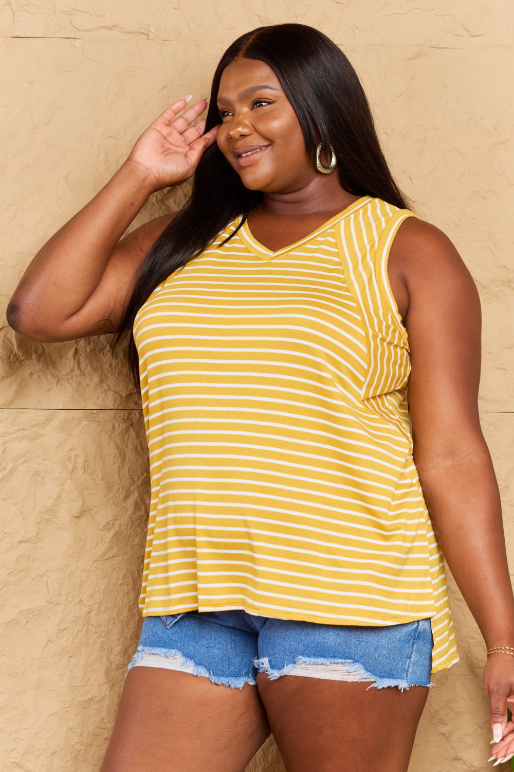 Talk To Me Striped Sleeveless V-Neck Top