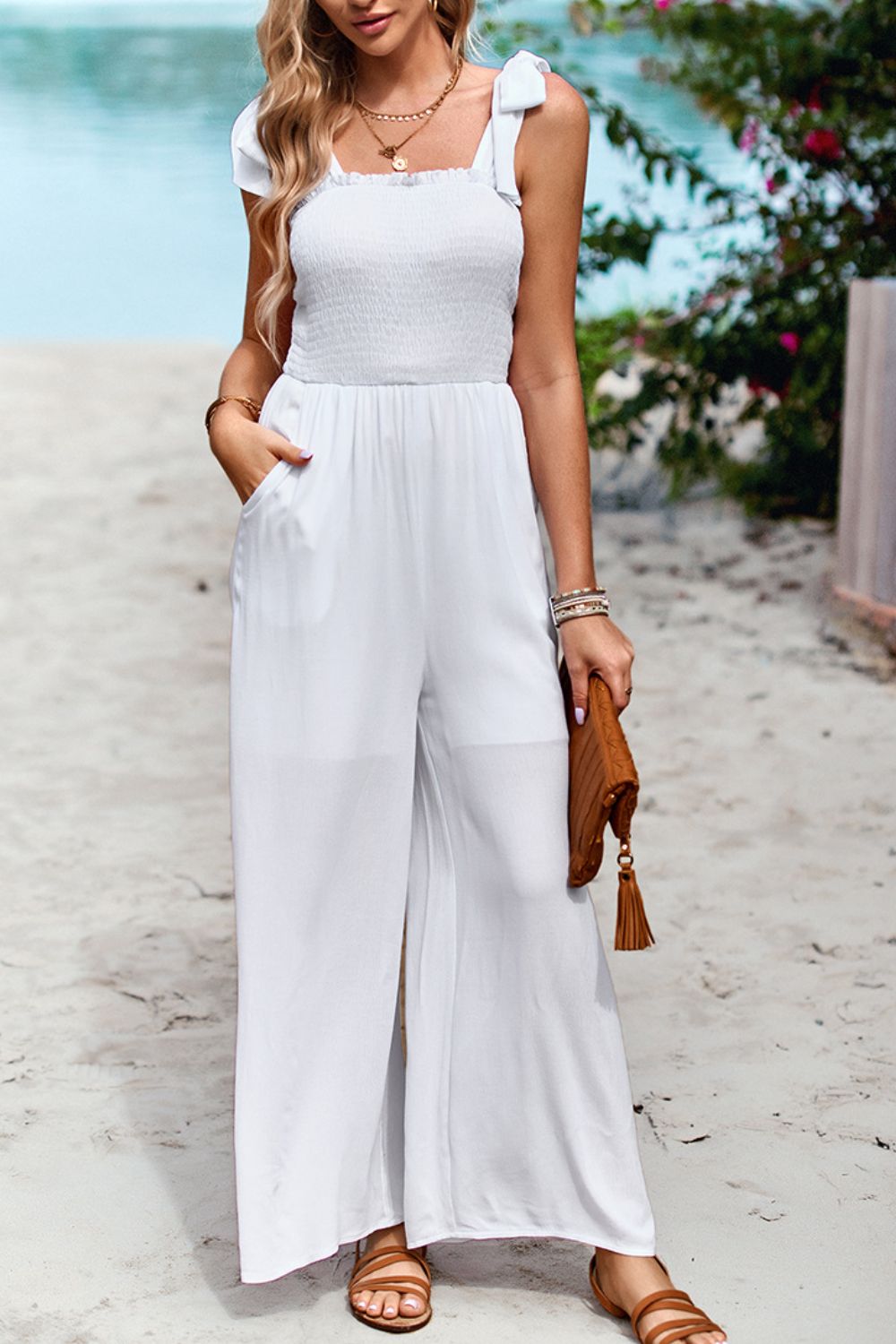 Brinley Frill Trim Tie Shoulder Wide Leg Jumpsuit