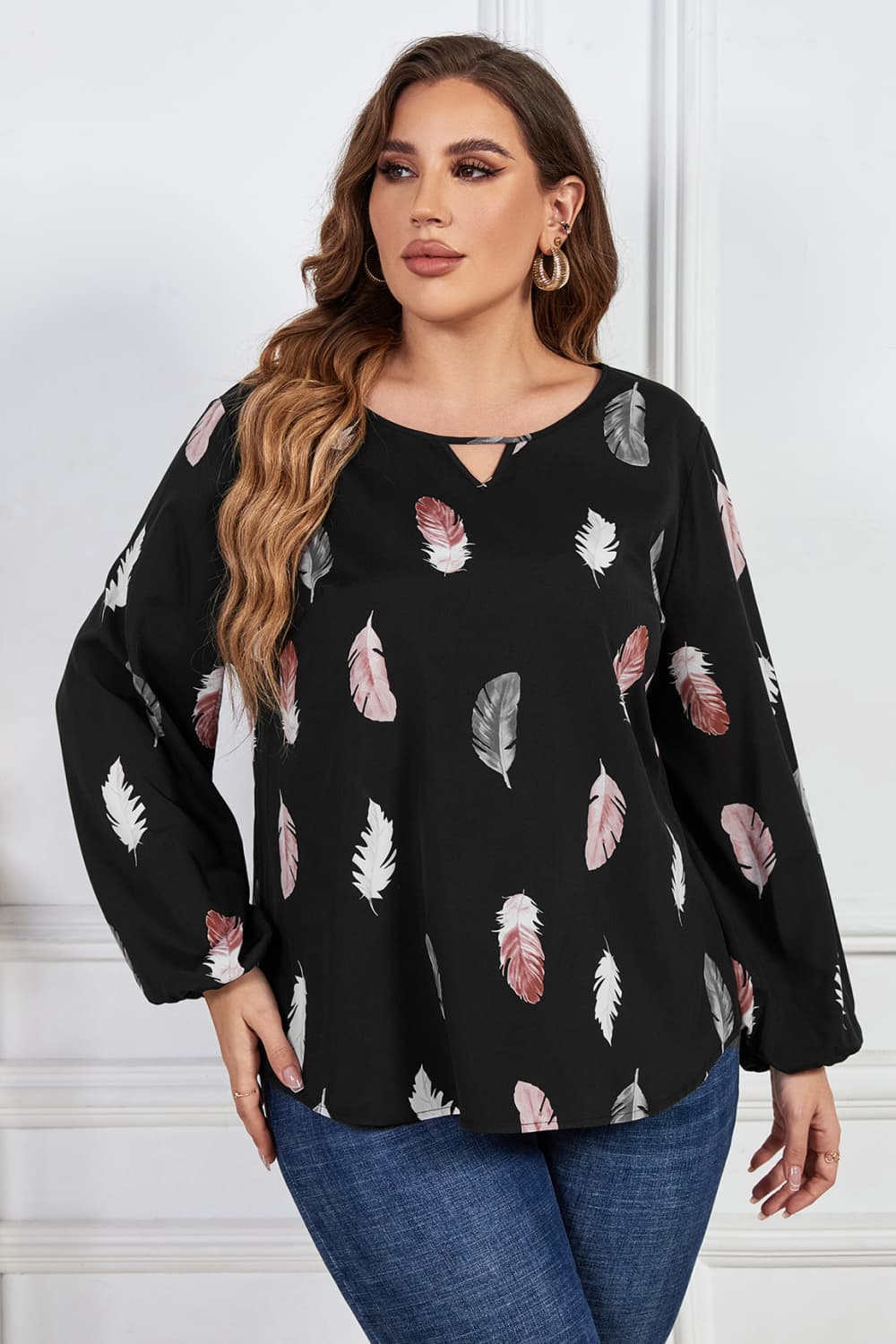 Plus Size Printed Long Sleeve Cutout Blouse