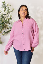 Texture Button Up Raw Hem Long Sleeve in Pink