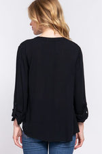 Notched Long Sleeve Woven Top