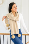 Knitted Fuzzy Pom Pom Scarf In Beige