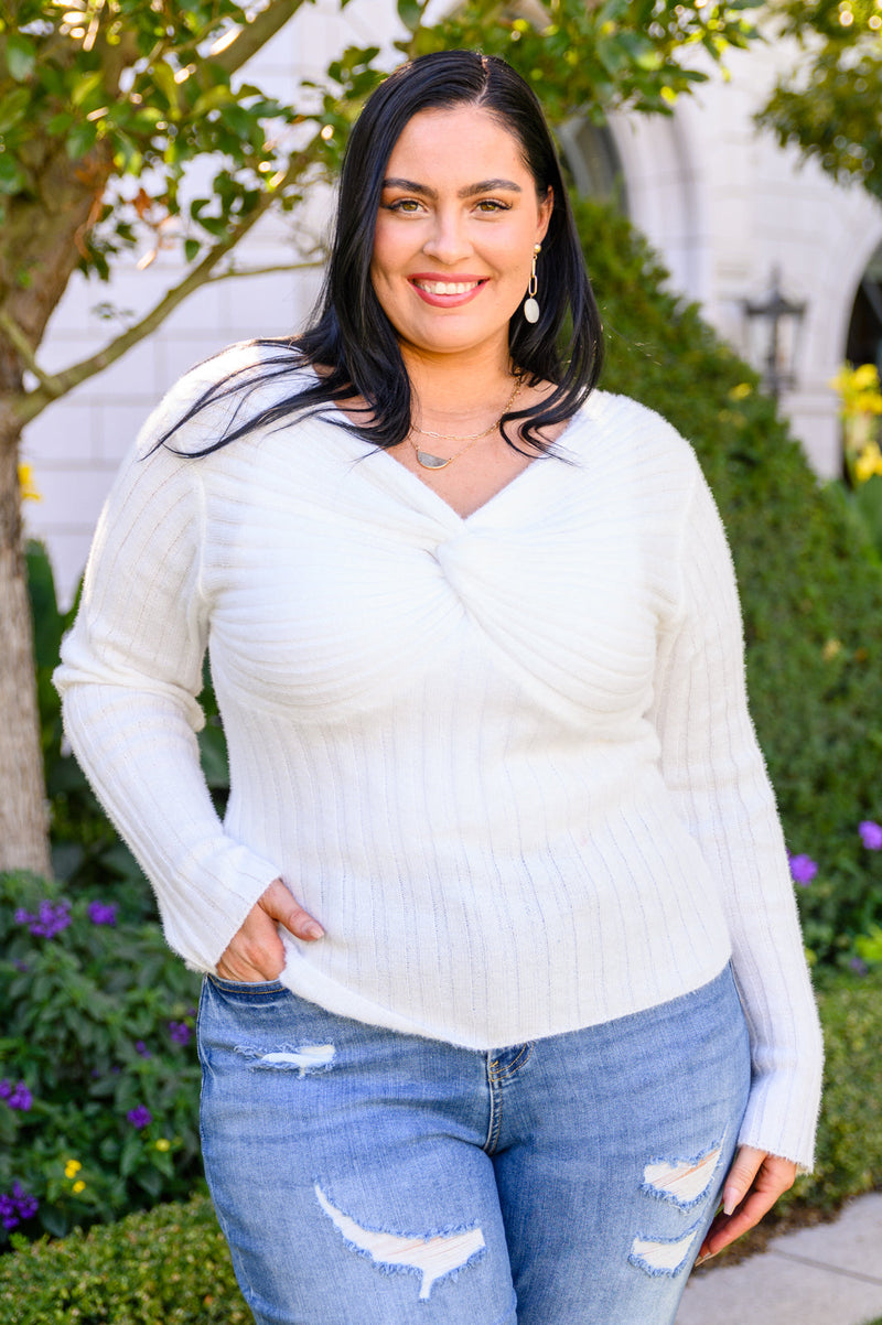 Sasha Fuzzy Twist Detail Sweater In Ivory