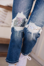 Suki Mid Rise Sequin Patch Tapered Jeans by Risen