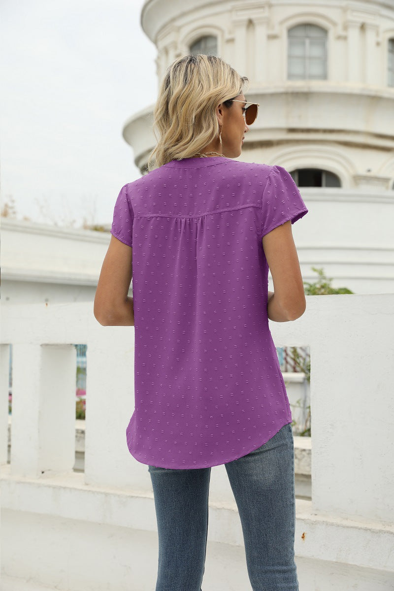 Swiss Dot Notched Neck Short Sleeve Top