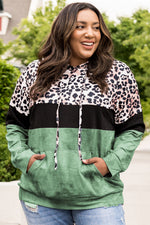 Plus Size Leopard Print Color Block Hoodie with Kangaroo Pocket