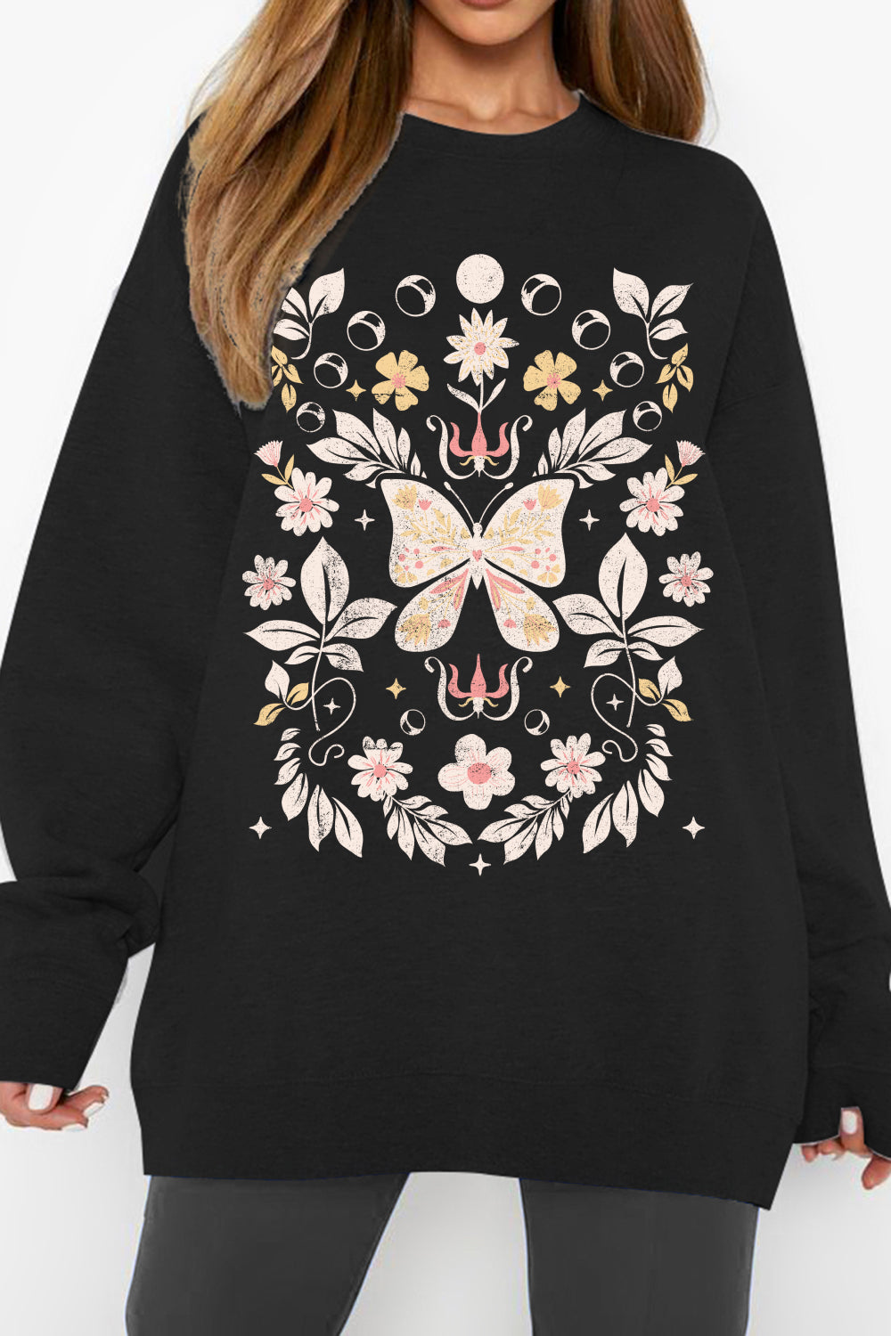 Flower and Butterfly Graphic Sweatshirt