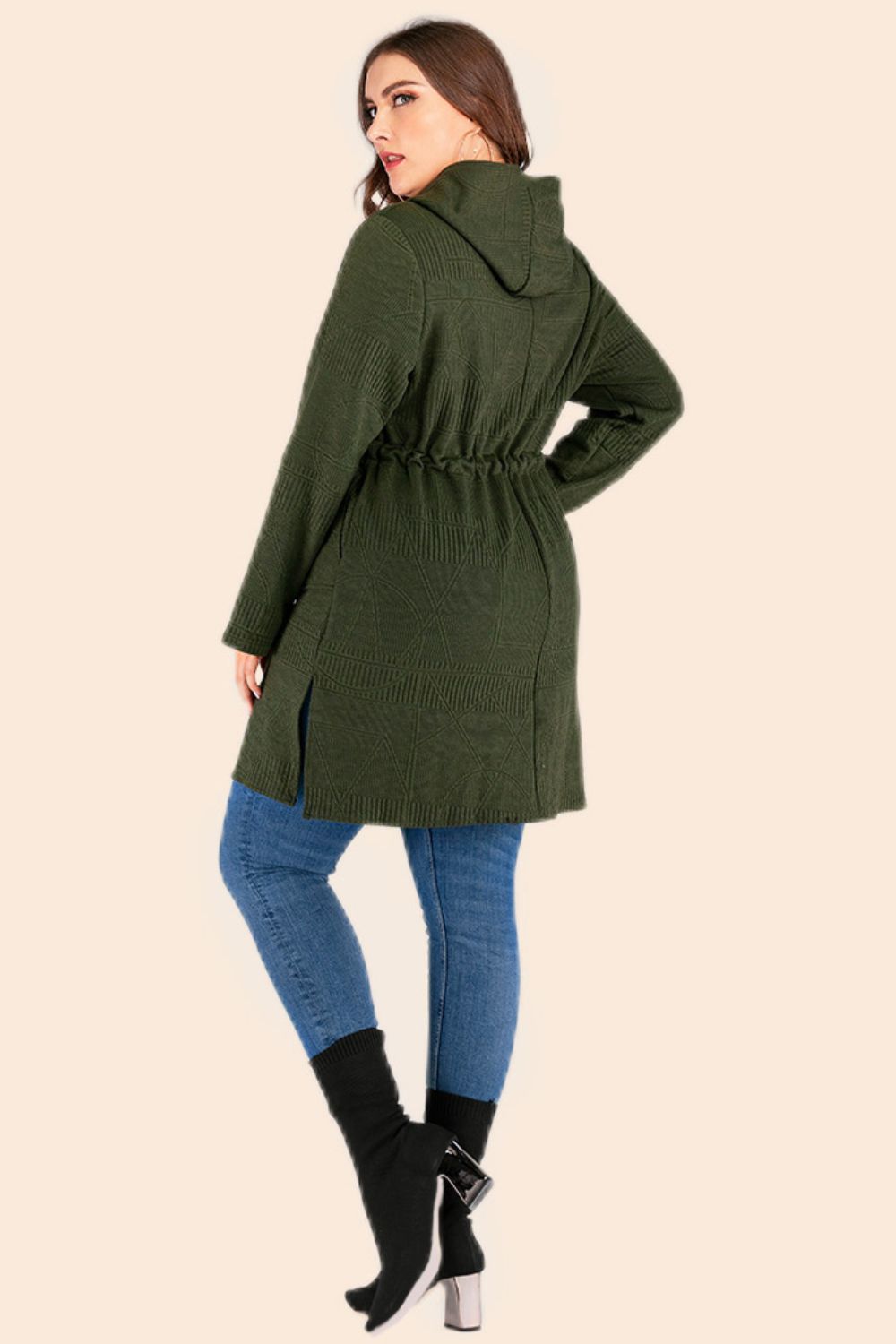 Plus Size Drawstring Waist Hooded Cardigan with Pockets