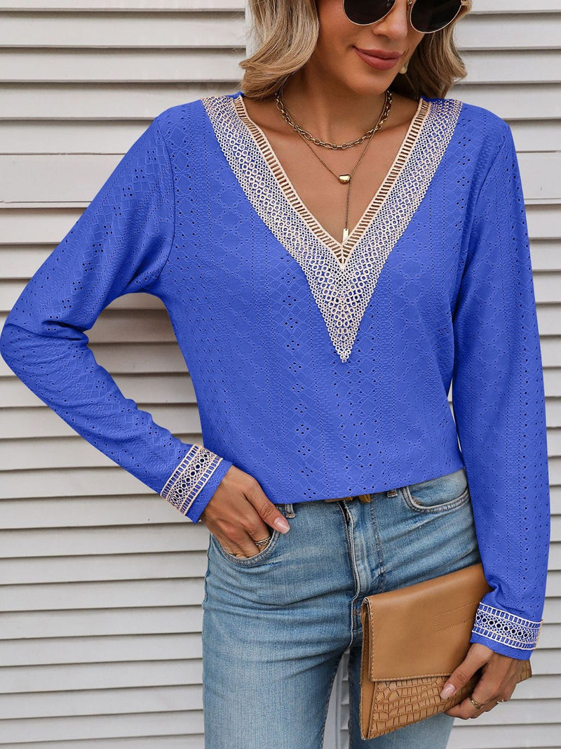 Contrast V-Neck Eyelet Long Sleeve Top