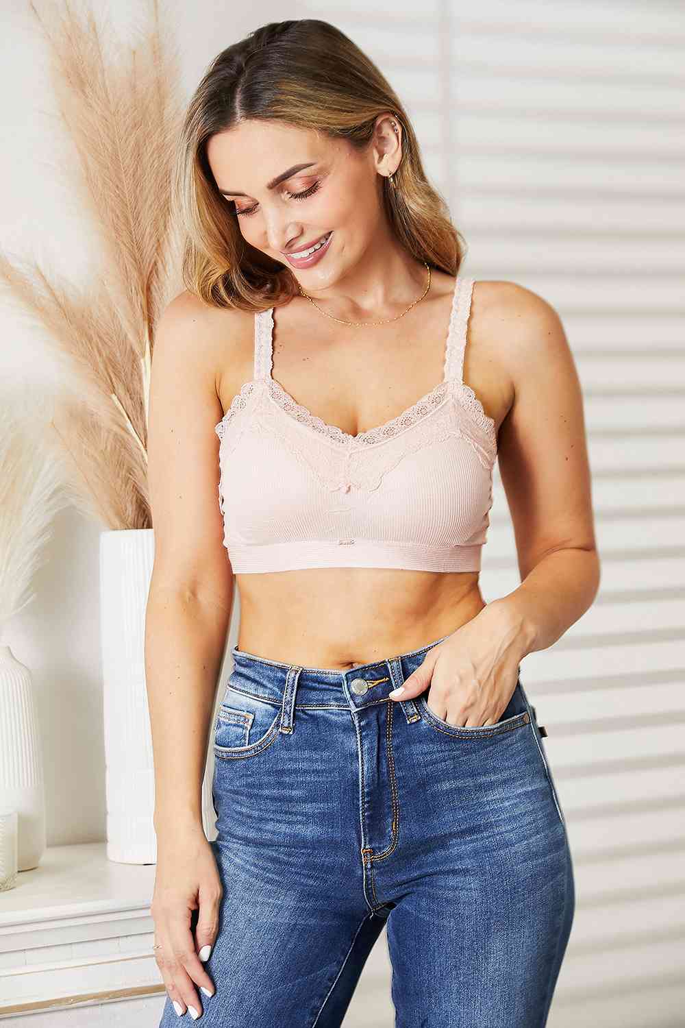 JadyK Lace Trim Bralette in Light Pink