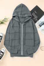 Zip-Up Raglan Sleeve Openwork Hooded Cardigan