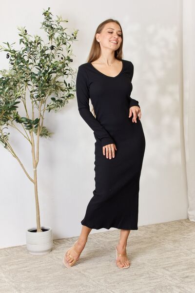 Misty Ribbed Long Sleeve Midi Slit Dress