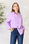 Texture Button Up Raw Hem Long Sleeve in Light Purple