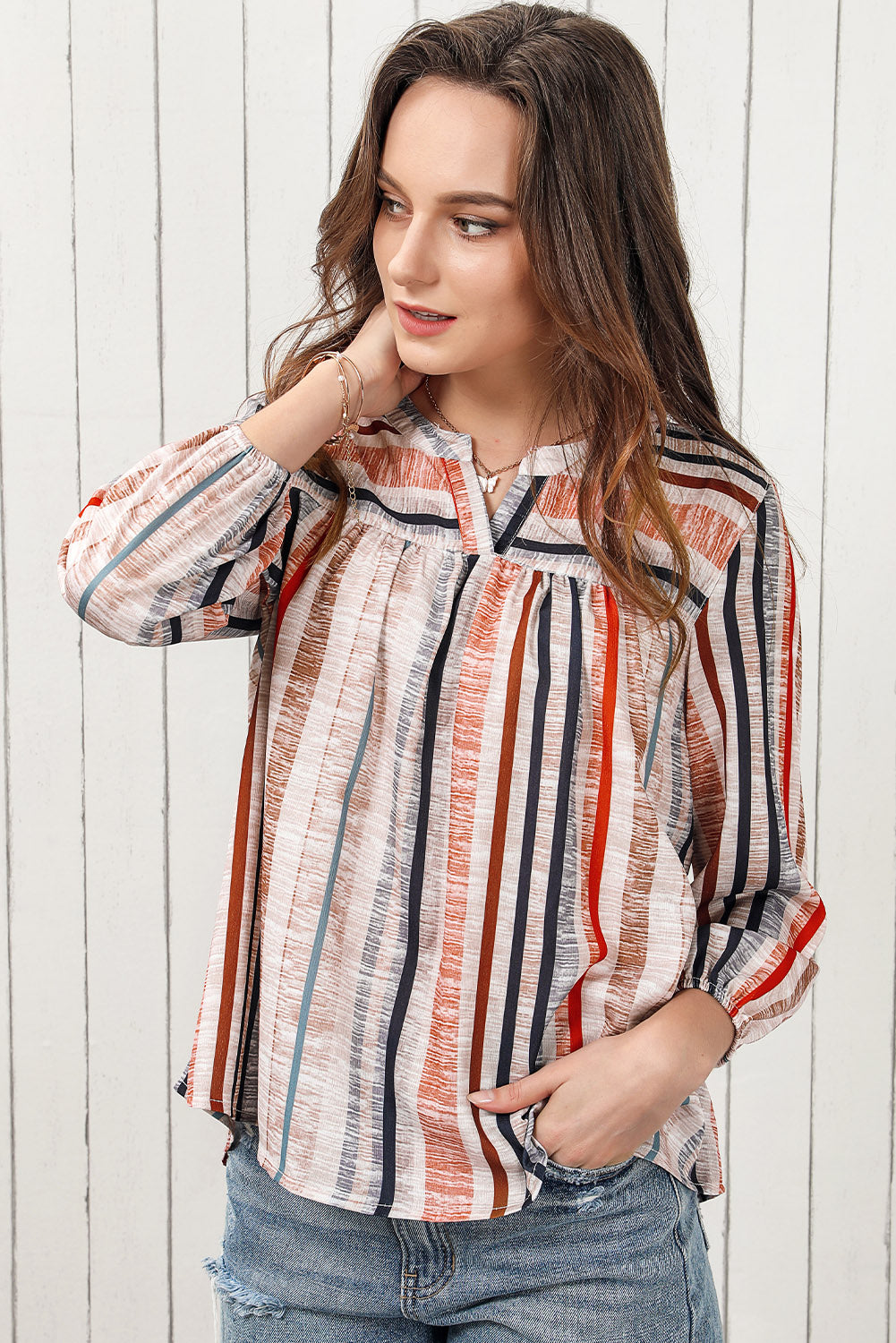 Jenica Multicolored Stripe Notched Neck Top