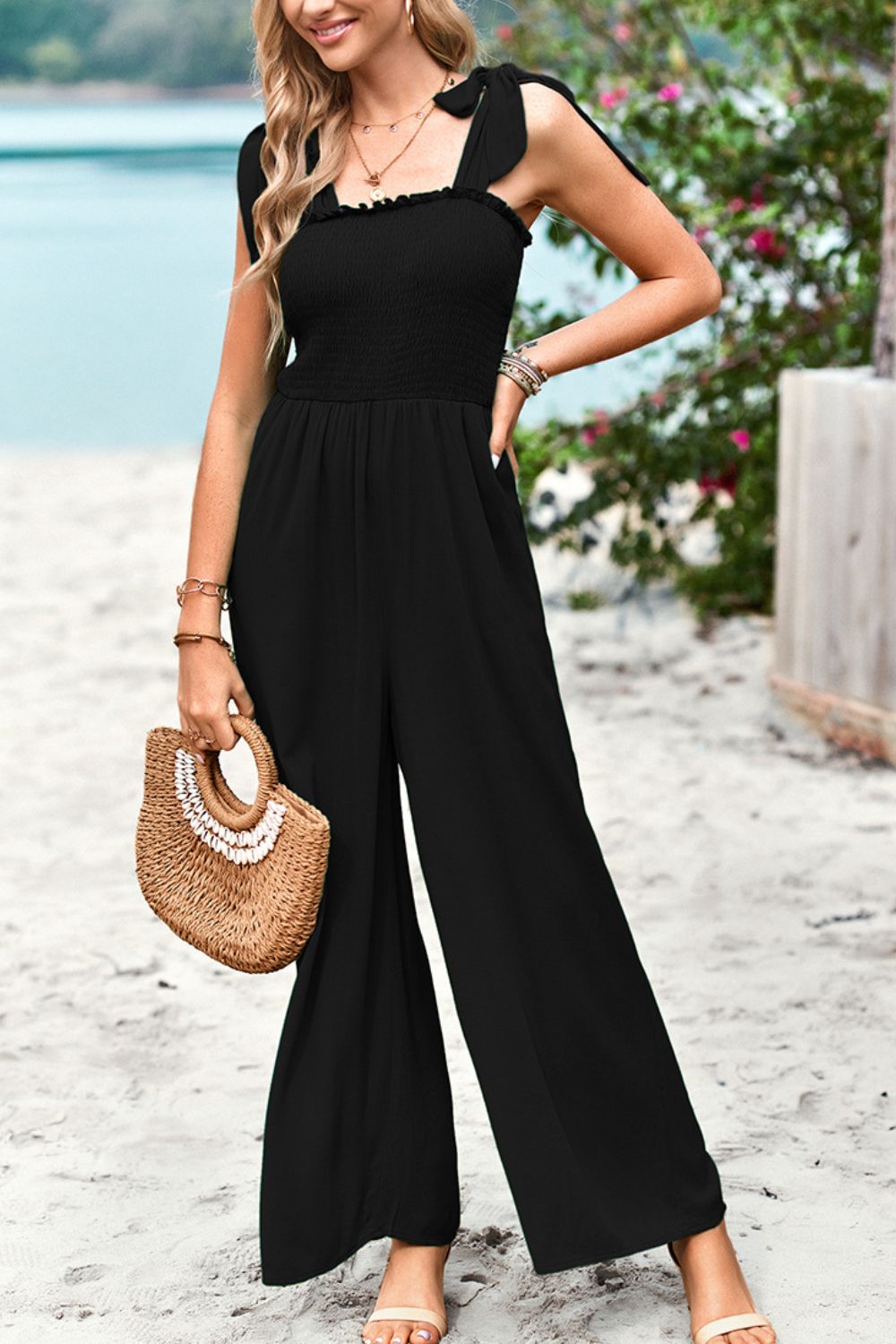 Brinley Frill Trim Tie Shoulder Wide Leg Jumpsuit