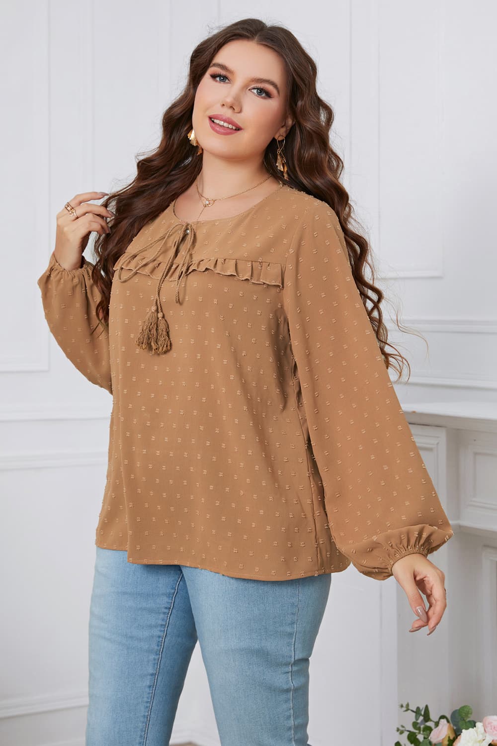 Plus Size Swiss Dot Frill Trim Blouse