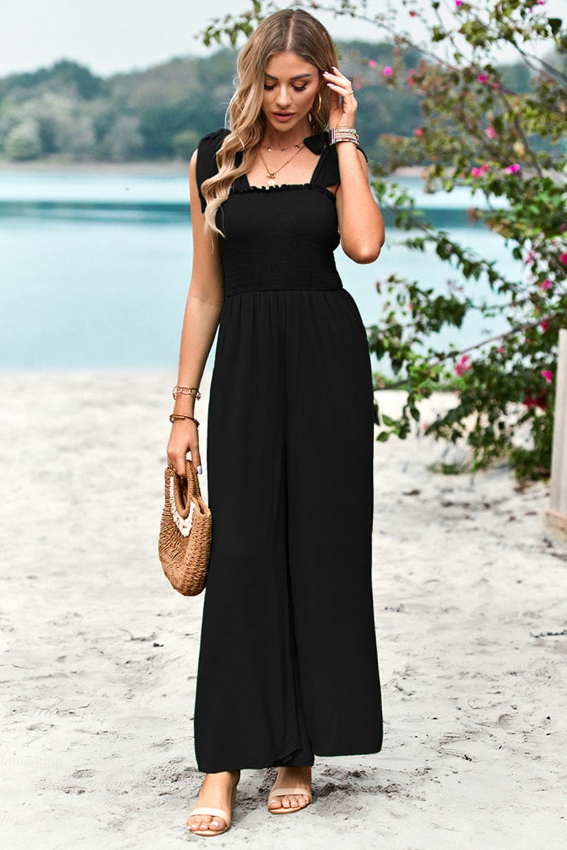 Brinley Frill Trim Tie Shoulder Wide Leg Jumpsuit