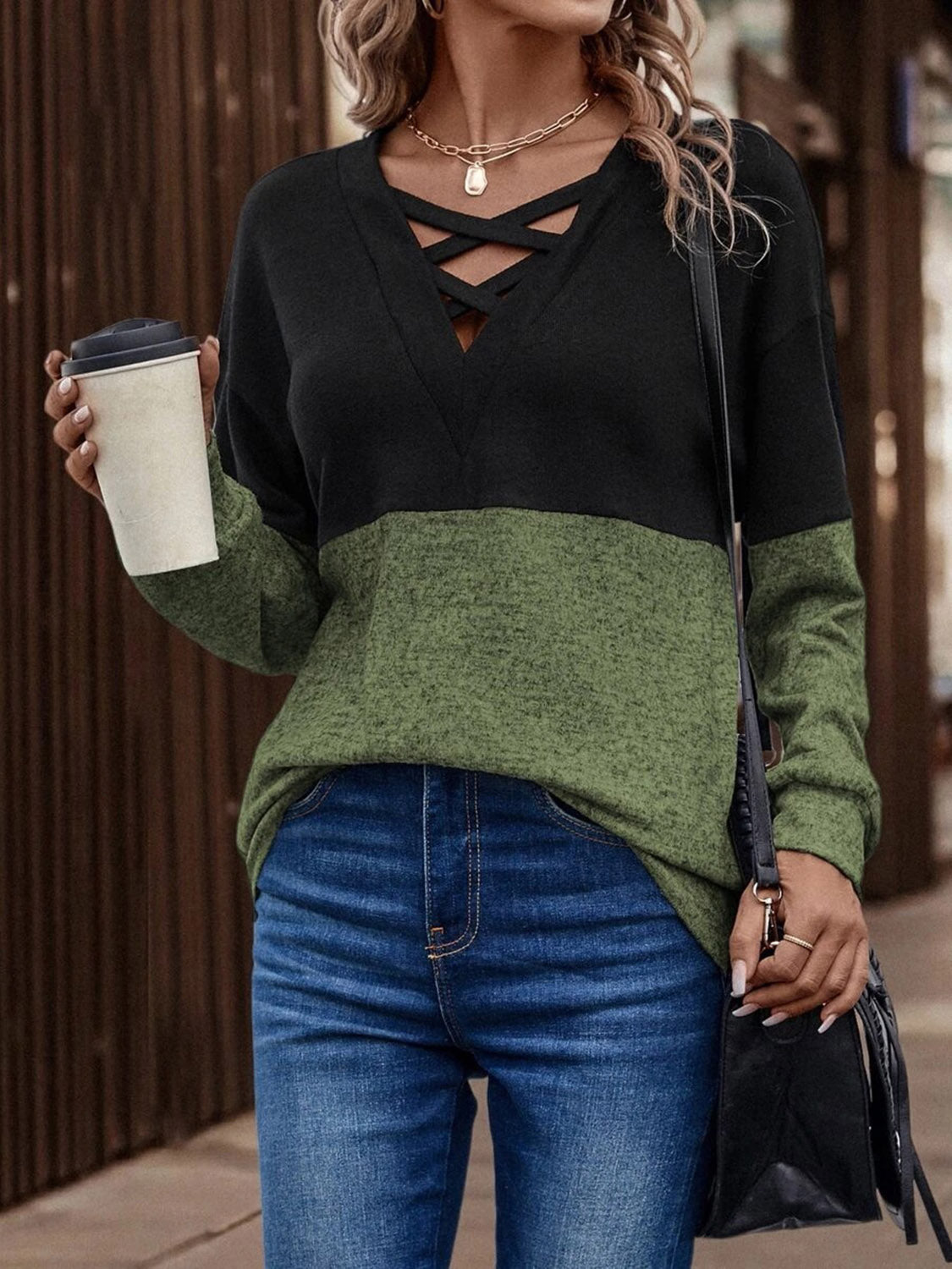 Melinda Two-Tone Crisscross Sweatshirt