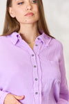 Texture Button Up Raw Hem Long Sleeve in Light Purple