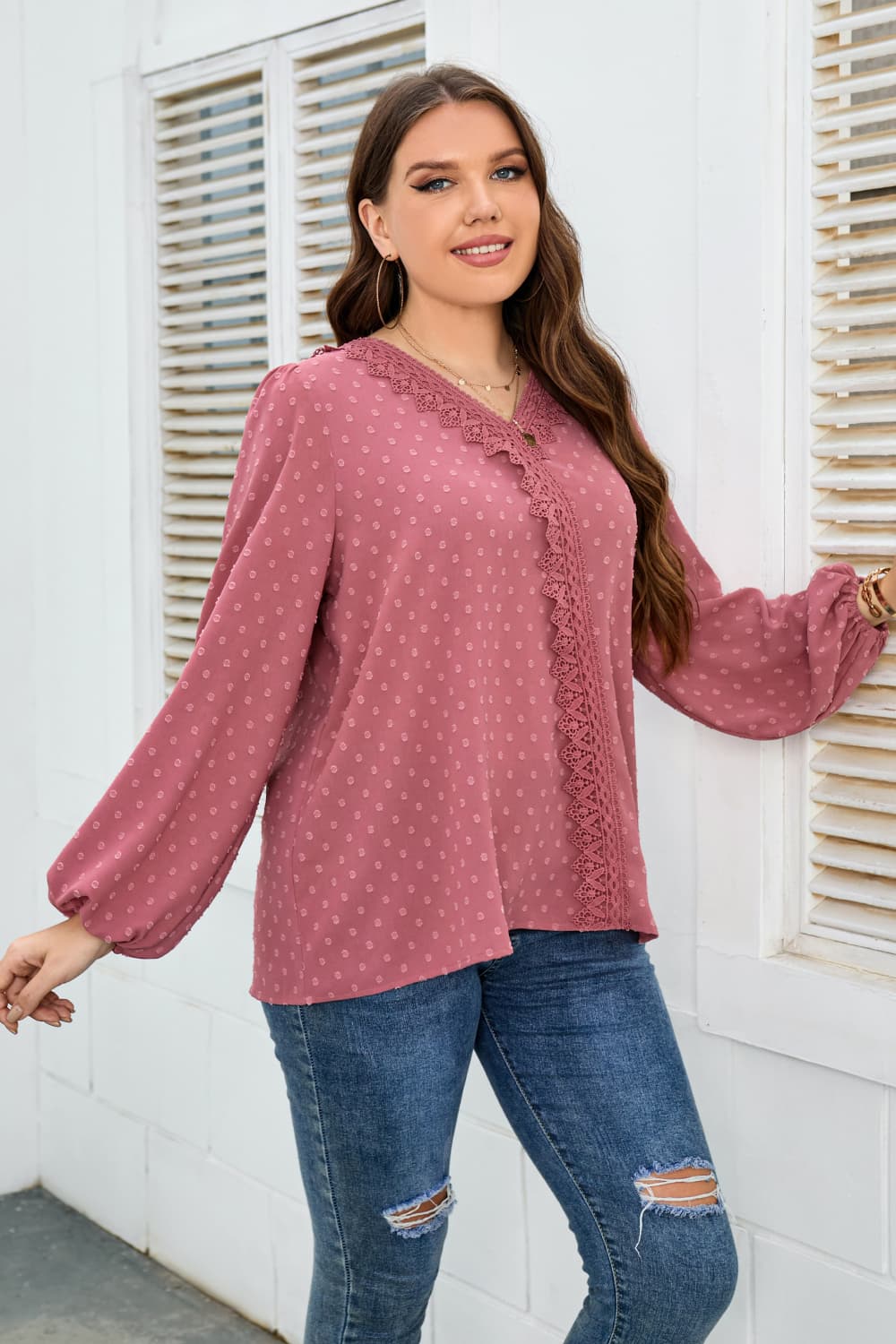 Plus Size Lace Trim Balloon Sleeve Blouse