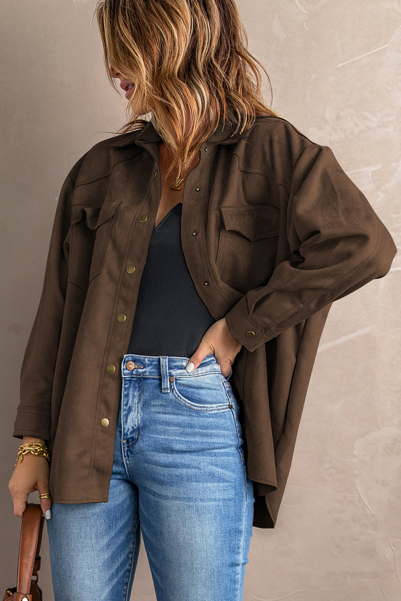 Suede Snap Front Dropped Shoulder Jacket