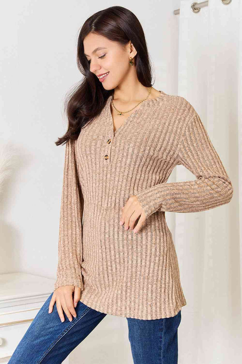 Natalia Notched Neck Ribbed Long Sleeve T-Shirt