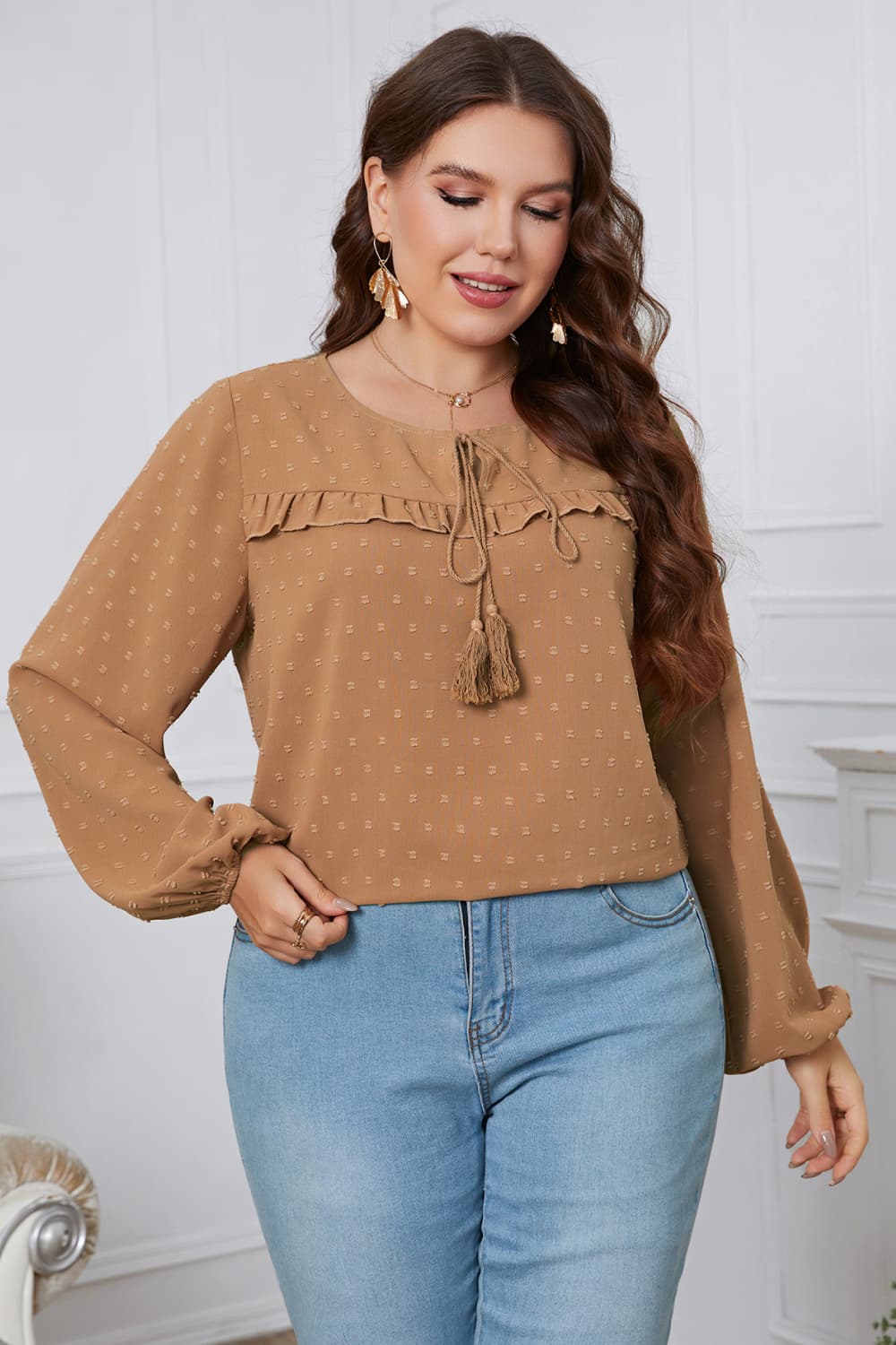 Plus Size Swiss Dot Frill Trim Blouse