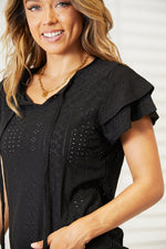 Amelia Eyelet Tie-Neck Flutter Sleeve Blouse