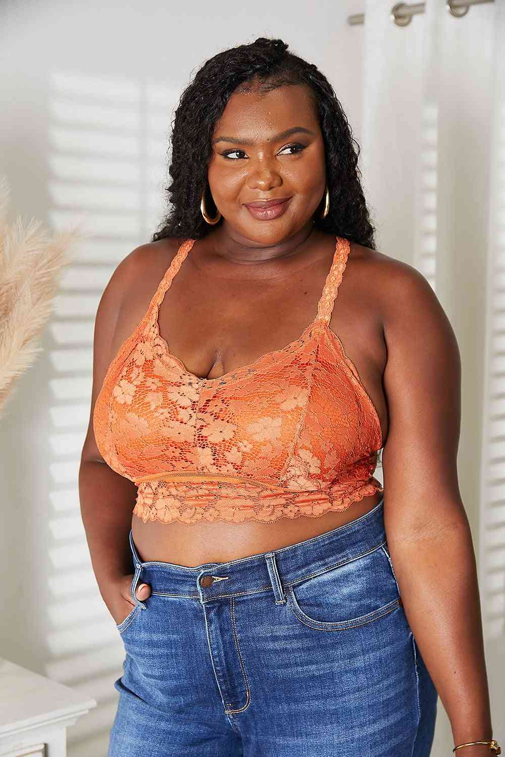 JadyK Crisscross Lace Bralette in Tangerine