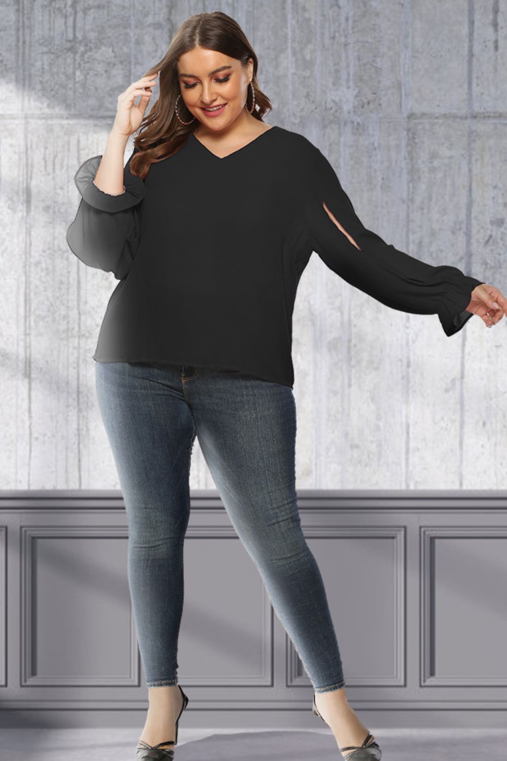 Plus Size Kennedy Cutout Flounce Sleeve Blouse