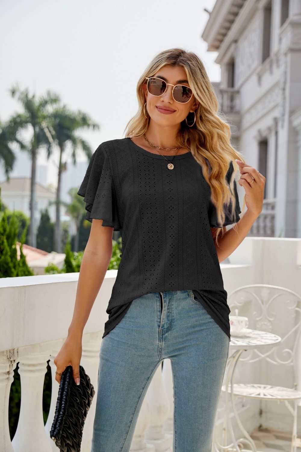 Eyelet Flutter Sleeve Top