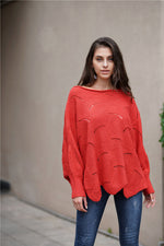 Openwork Boat Neck Sweater with Scalloped Hem- 12 Colors